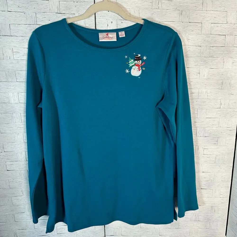 Quacker factory womens long sleeve T-shirt embroidered snowman holiday Christmas